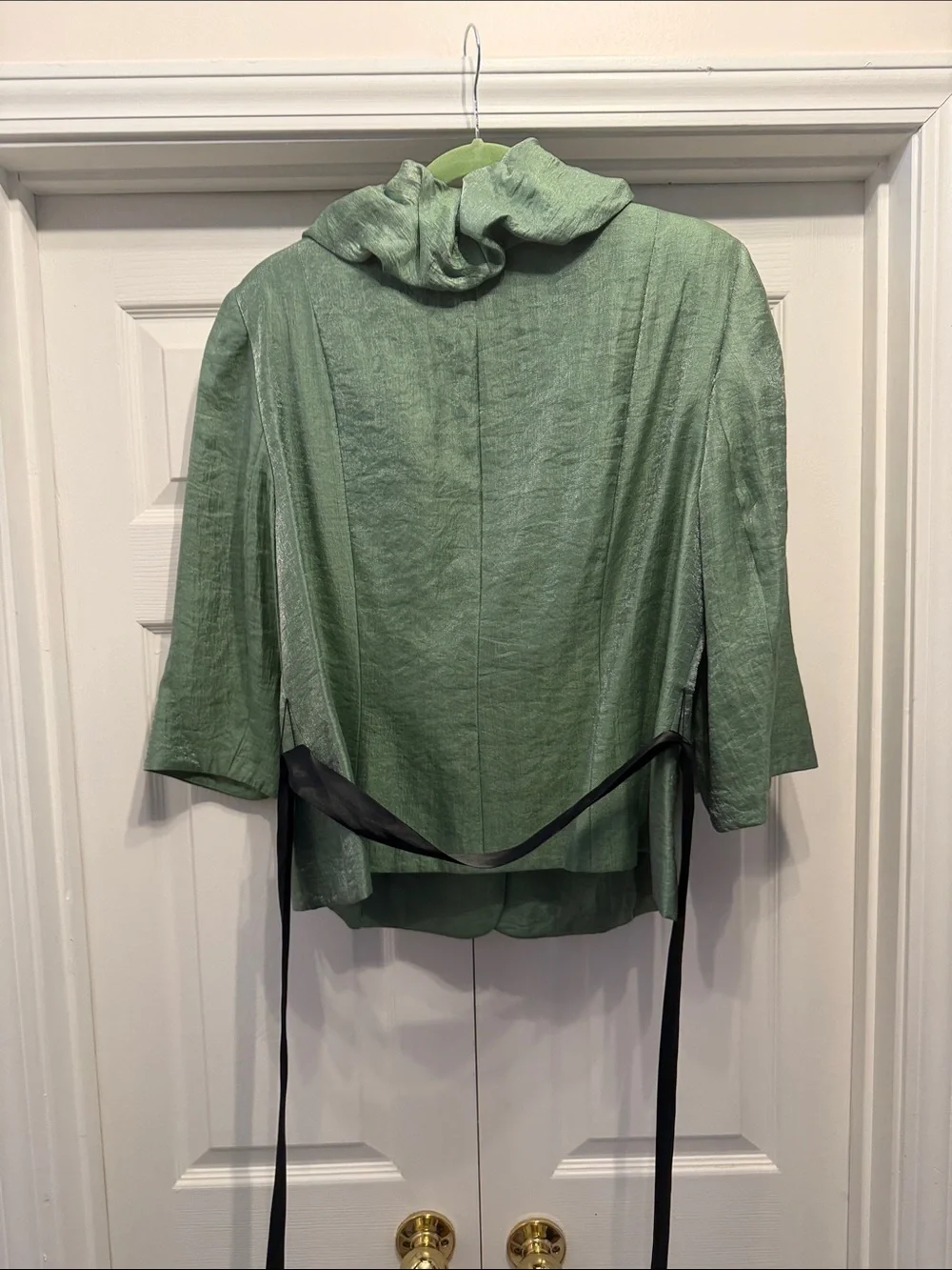 Adrianna Papell Sage Green Ruffle Collar Blazer with Satin Waist Tie
